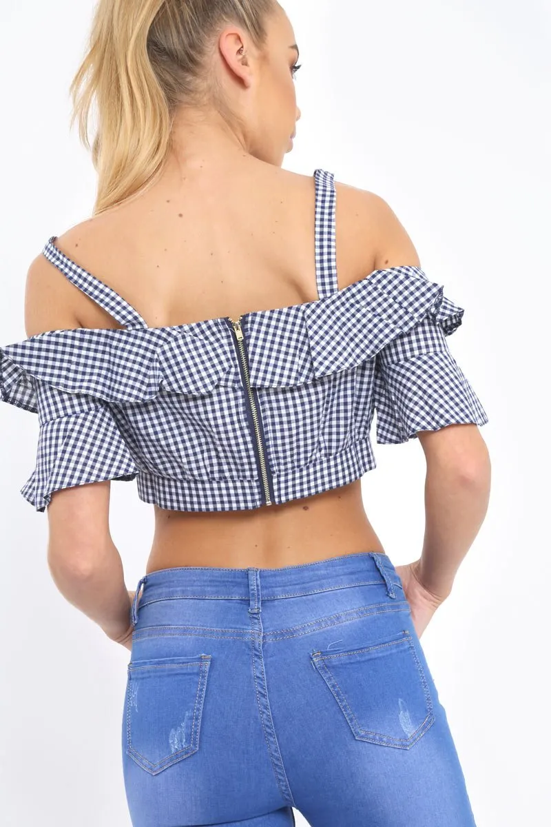 Navy Gingham Cold Shoulder Frill Crop Top - Lant