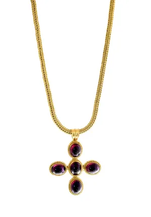 necklace  / gold 22k hand woven chain   Rhodolite cabochons pendant