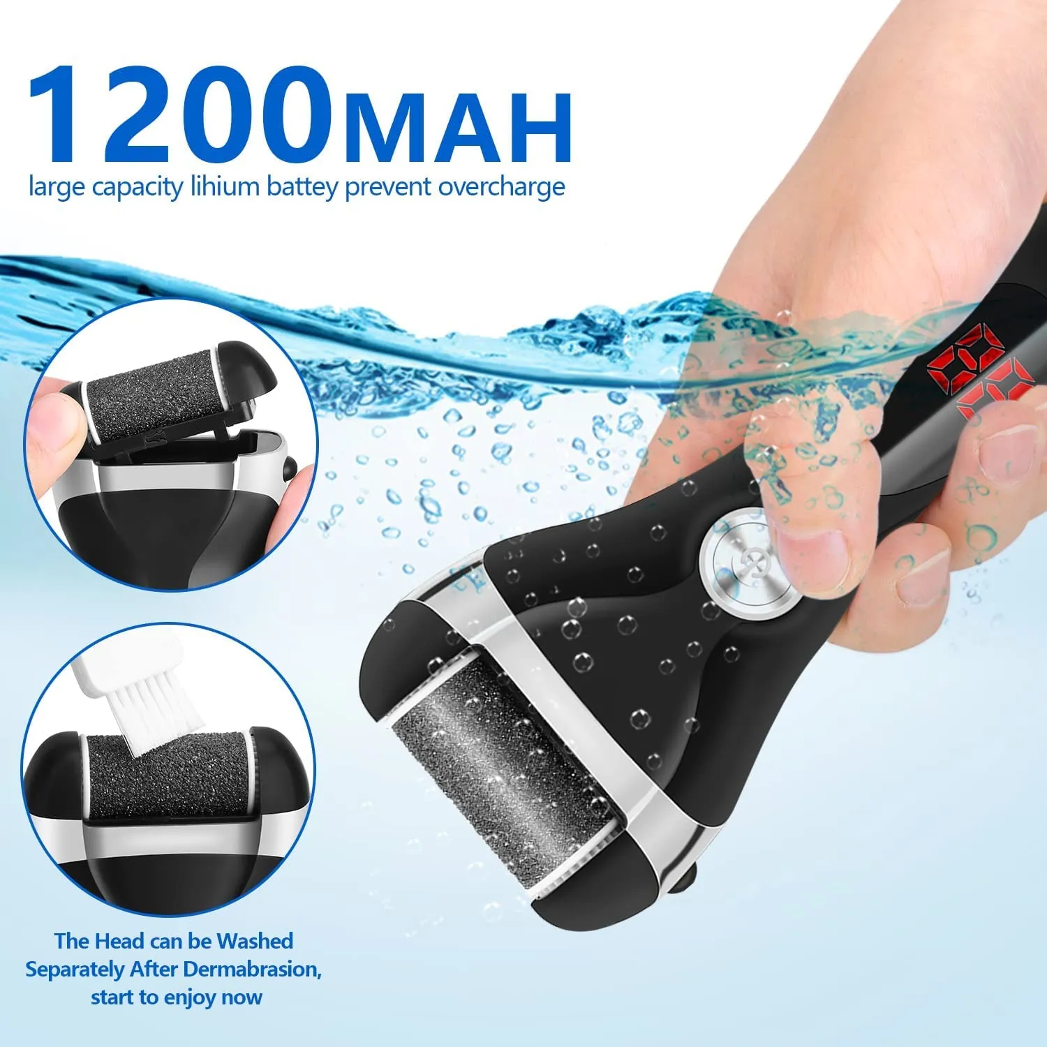 New Electric Foot Callus Remover Kit, Elmchee Rechargeable Pedicure Tools Foot Care Feet File With 3 Roller Heads,2 Speed,Battery Display for Remove Cracked Heels Calluses and Dead Skin(Black)