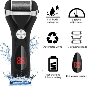 New Electric Foot Callus Remover Kit, Elmchee Rechargeable Pedicure Tools Foot Care Feet File With 3 Roller Heads,2 Speed,Battery Display for Remove Cracked Heels Calluses and Dead Skin(Black)