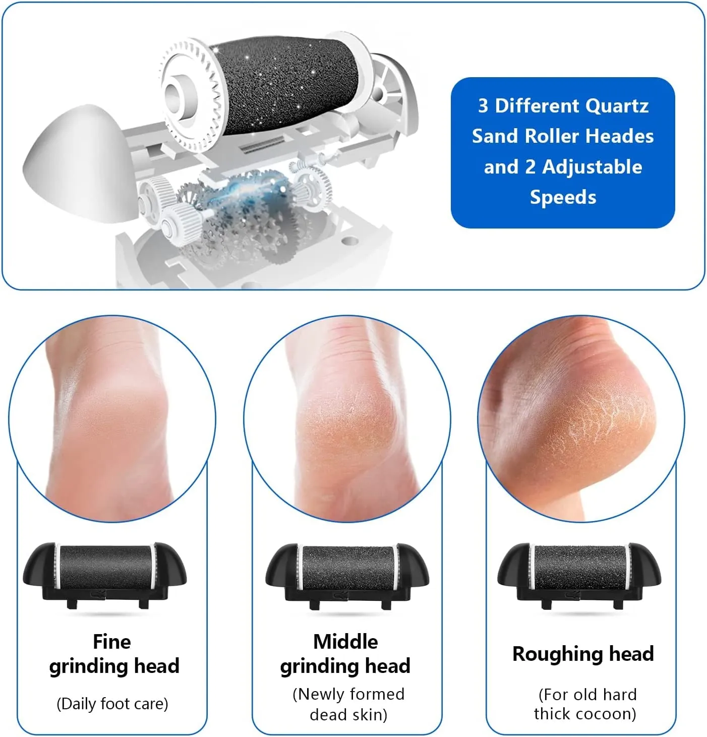 New Electric Foot Callus Remover Kit, Elmchee Rechargeable Pedicure Tools Foot Care Feet File With 3 Roller Heads,2 Speed,Battery Display for Remove Cracked Heels Calluses and Dead Skin(Black)