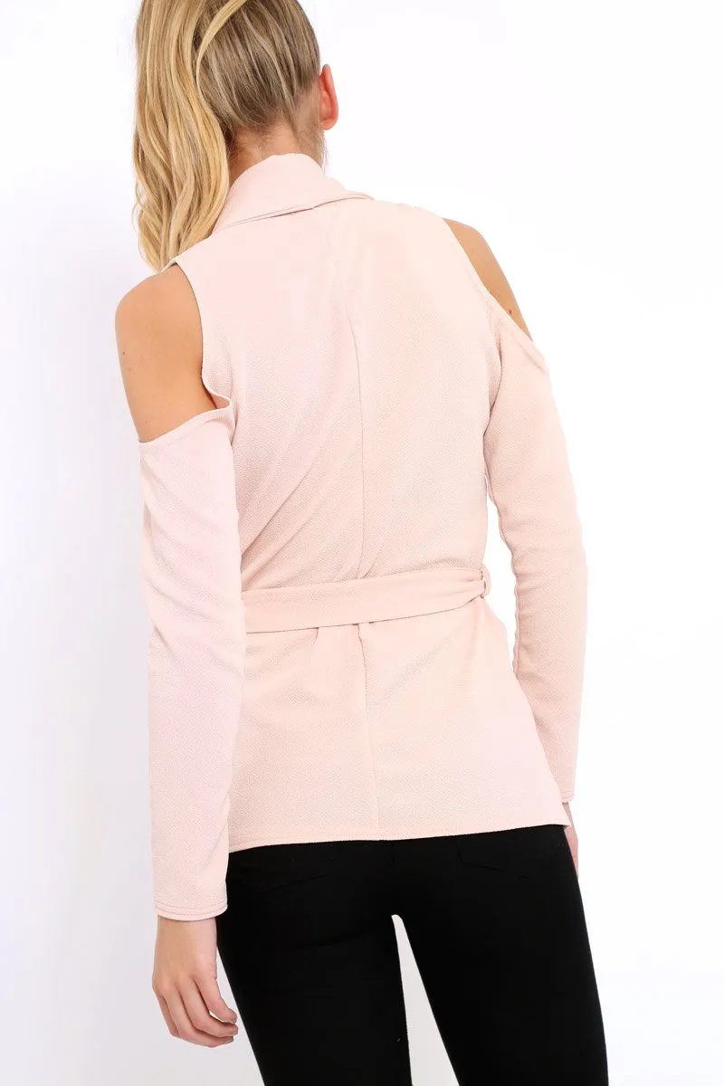 Nude Cold Shoulder Tie Waist Blazer - Agnes