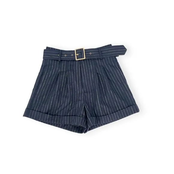NWOT GENERATION LOVE Milo Pinstripe Shorts - High Waisted, Belted, Navy XS