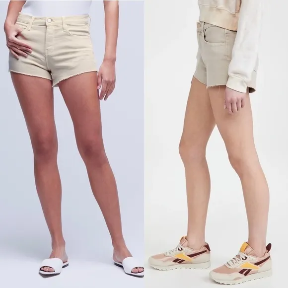 NWT L'AGENCE Distressed Oatmeal Beige Denim Frayed Raw Hem Cutoff Jean Shorts 25