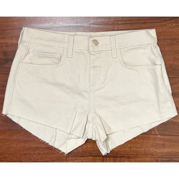 NWT L'AGENCE Distressed Oatmeal Beige Denim Frayed Raw Hem Cutoff Jean Shorts 25