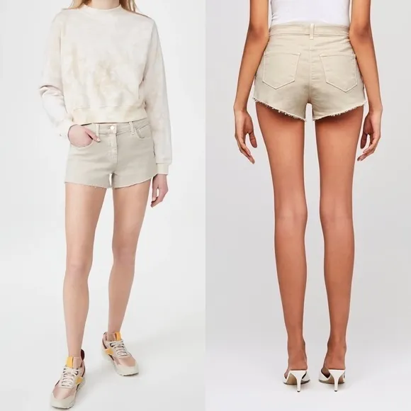 NWT L'AGENCE Distressed Oatmeal Beige Denim Frayed Raw Hem Cutoff Jean Shorts 25