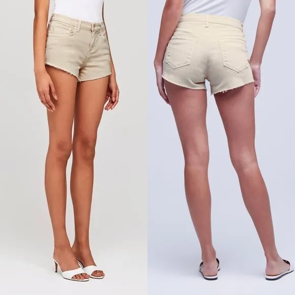 NWT L'AGENCE Distressed Oatmeal Beige Denim Frayed Raw Hem Cutoff Jean Shorts 25