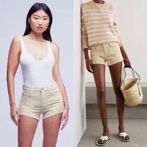 NWT L'AGENCE Distressed Oatmeal Beige Denim Frayed Raw Hem Cutoff Jean Shorts 25