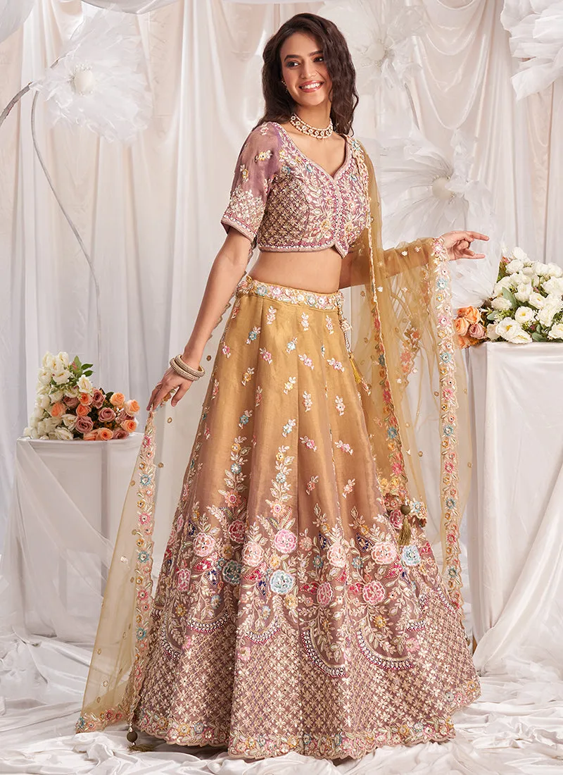 Ochre Yellow Multi Embroidery Designer Lehenga Choli