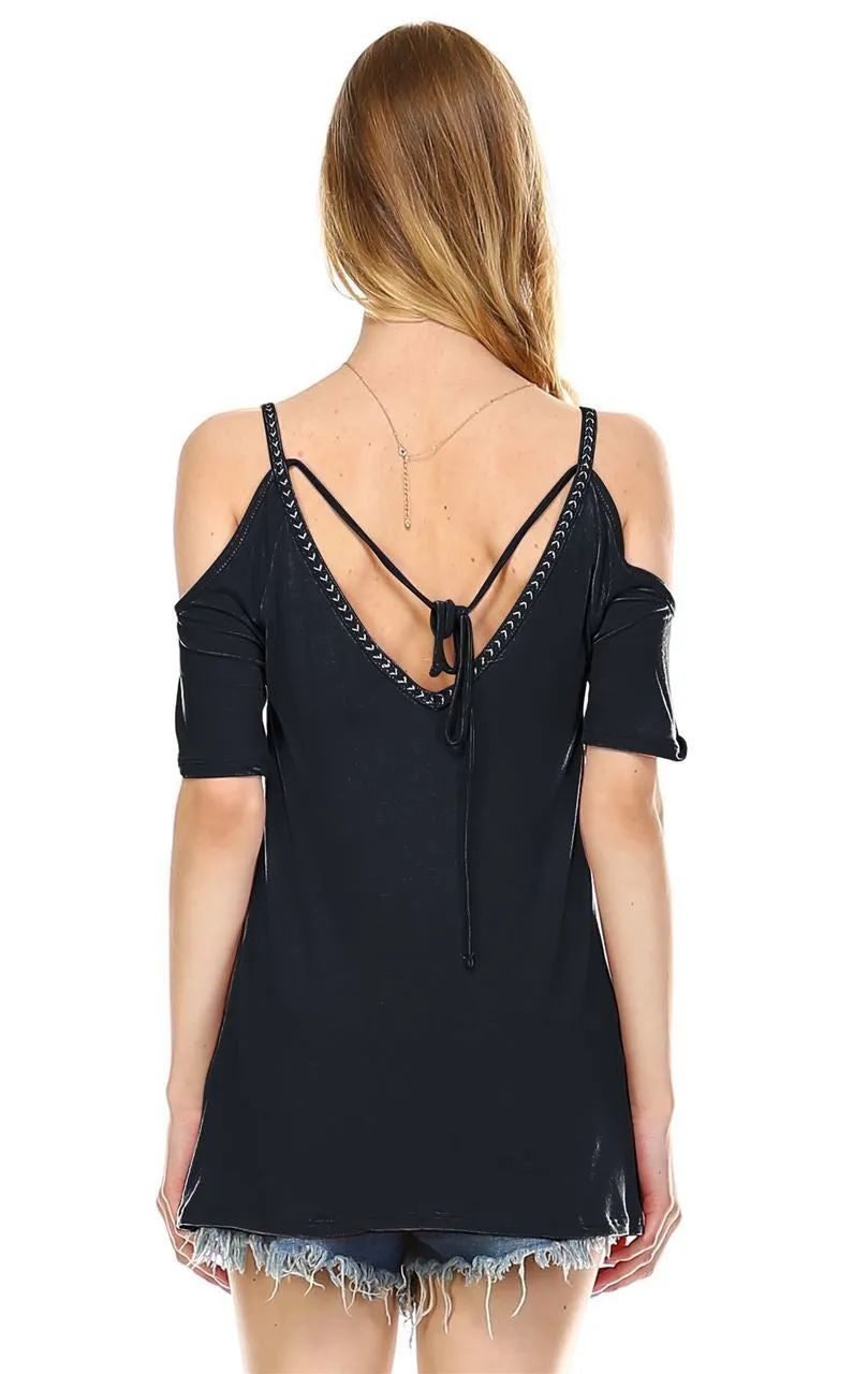 Off the Shoulder Tops with Back Tie and Neck Trimming Black