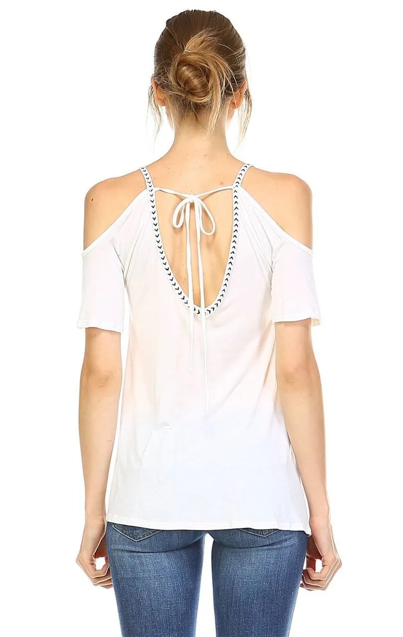 Off the Shoulder Tops with Back Tie and Neck Trimming White