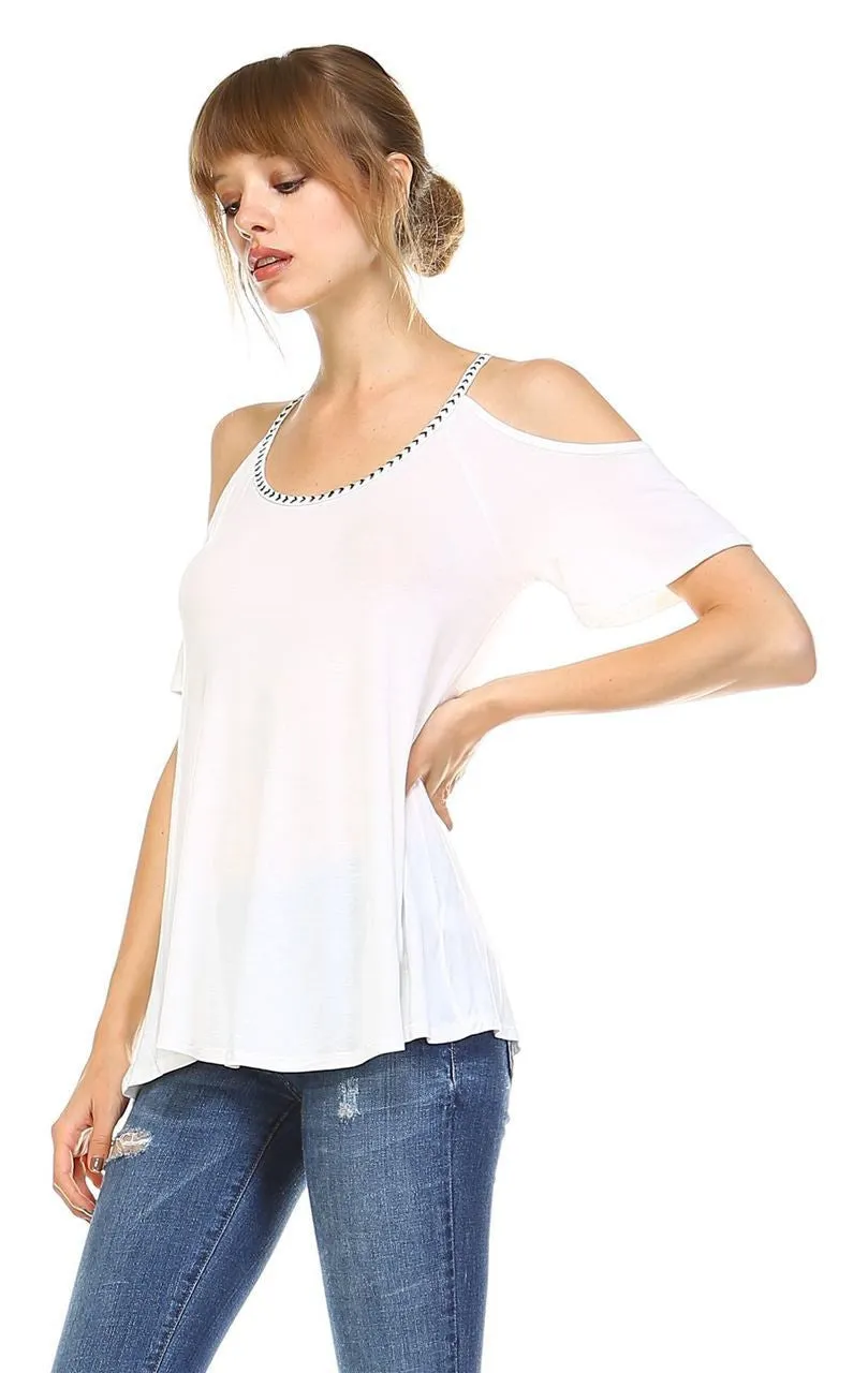 Off the Shoulder Tops with Back Tie and Neck Trimming White