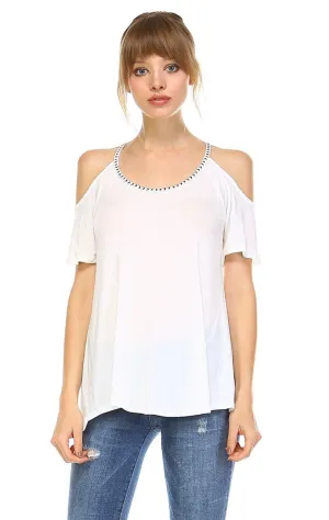 Off the Shoulder Tops with Back Tie and Neck Trimming White