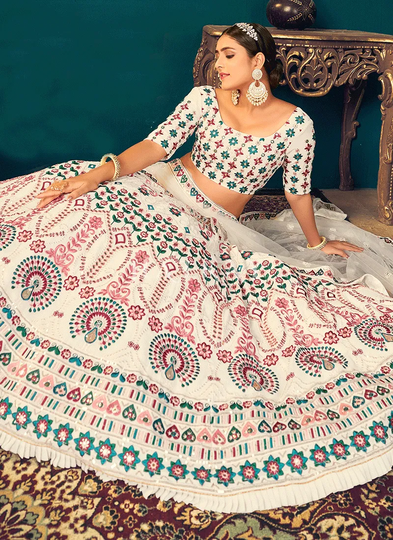 Off white Mirrorwork Embroidered Wedding Lehenga Choli