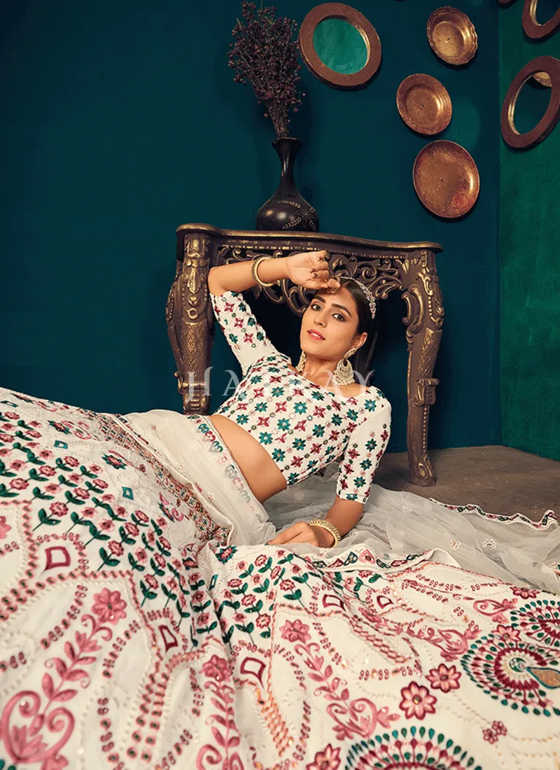 Off white Mirrorwork Embroidered Wedding Lehenga Choli
