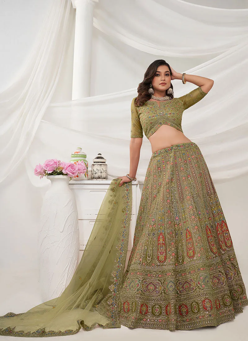 Olive Green Multi Embroidery Wedding Lehenga Choli