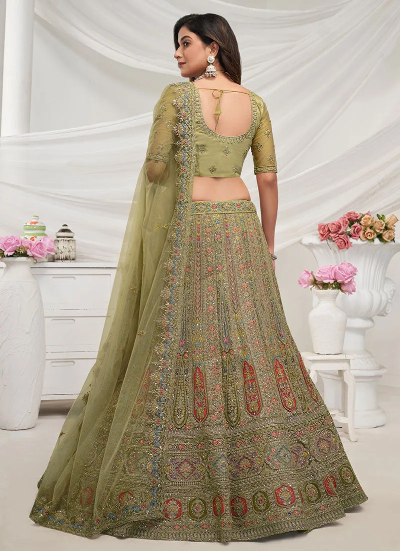 Olive Green Multi Embroidery Wedding Lehenga Choli