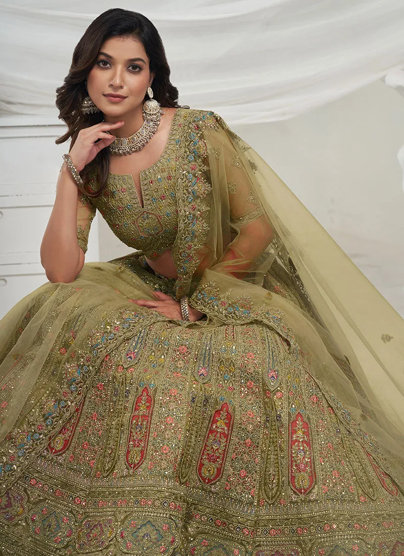 Olive Green Multi Embroidery Wedding Lehenga Choli