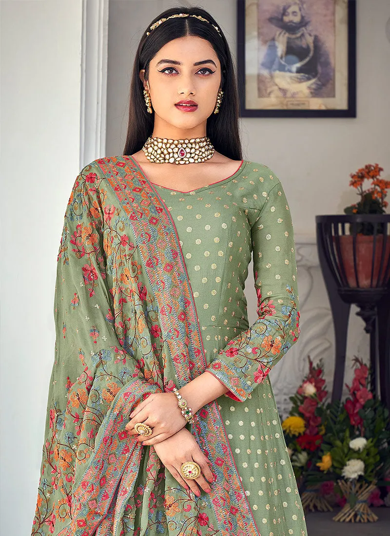 Olive Green Multi Floral Embroidered Designer Anarkali Gown