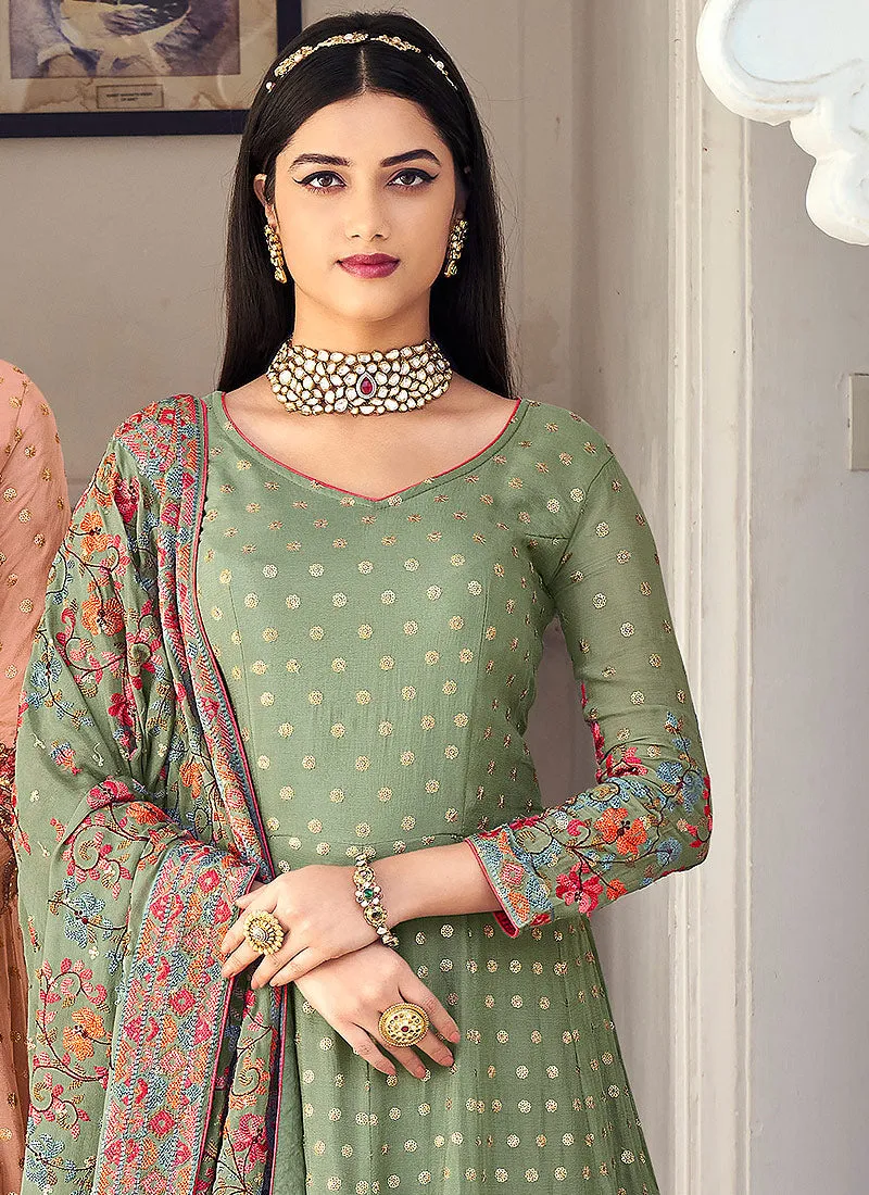 Olive Green Multi Floral Embroidered Designer Anarkali Gown