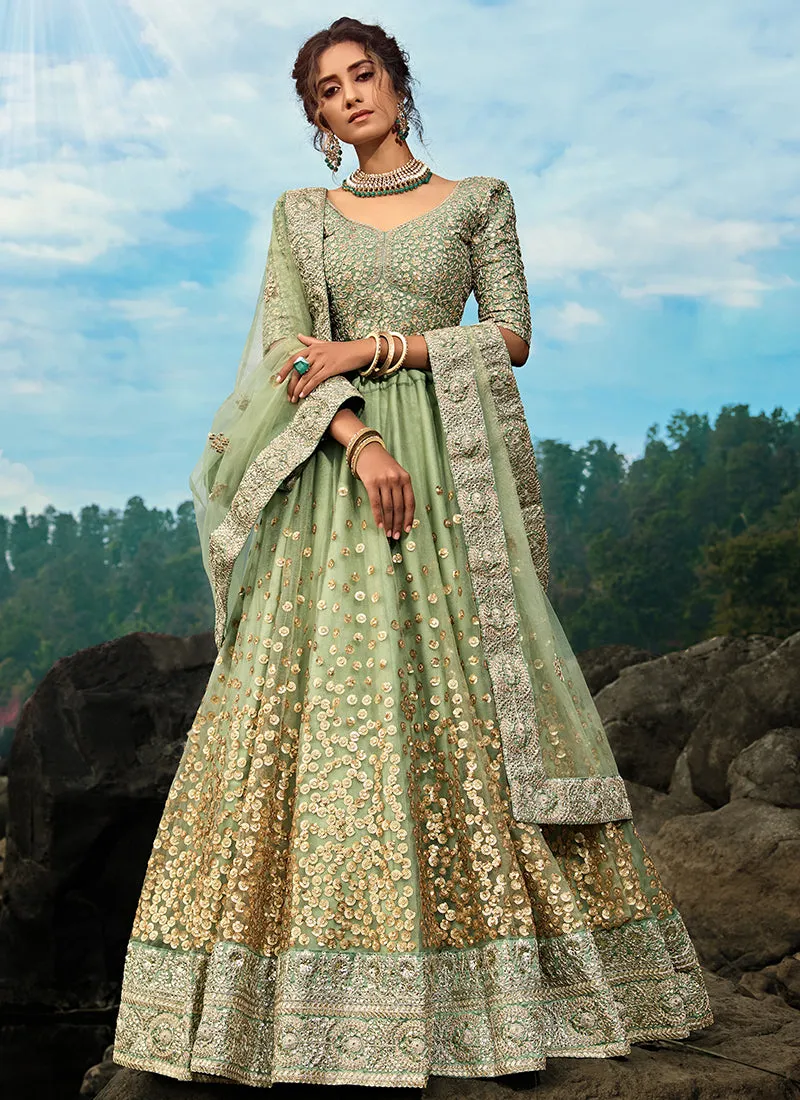 Olive Green Sequence Designer Embroidery Wedding Lehenga Choli