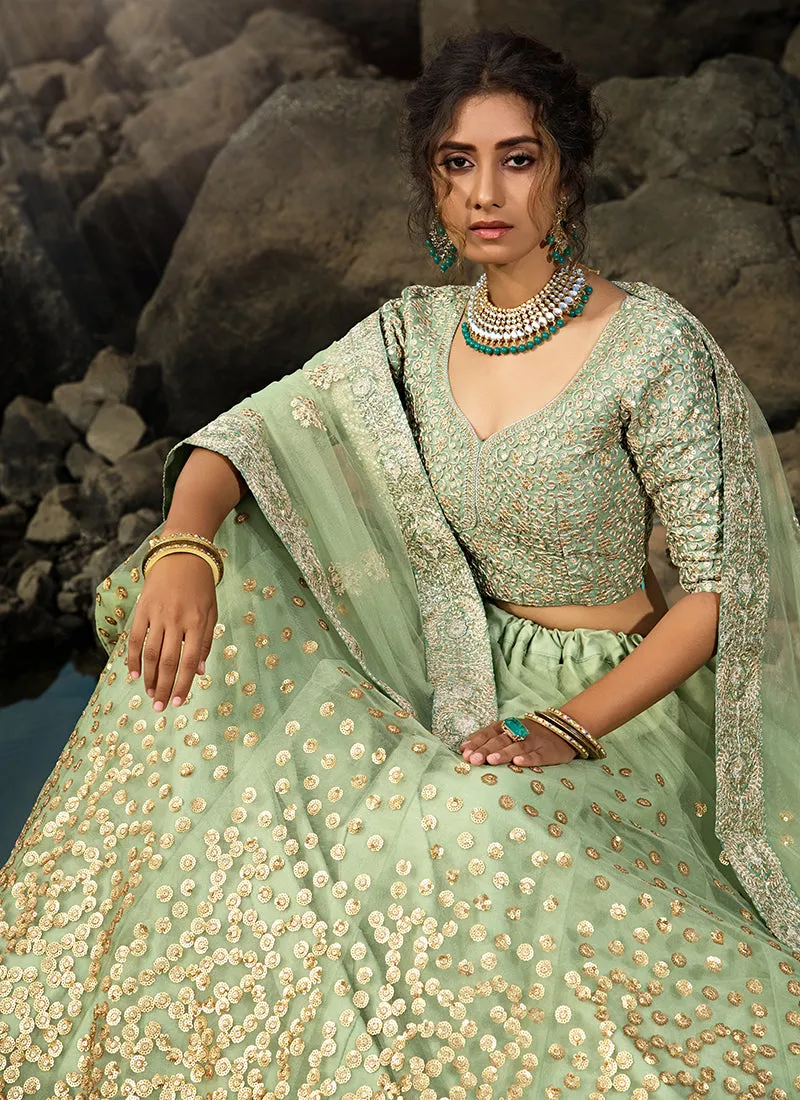 Olive Green Sequence Designer Embroidery Wedding Lehenga Choli