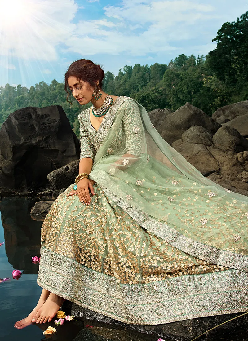 Olive Green Sequence Designer Embroidery Wedding Lehenga Choli