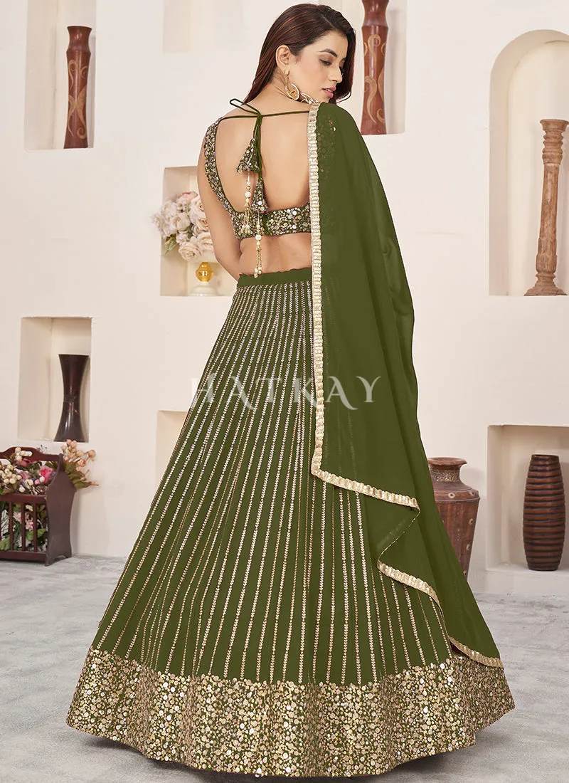 Olive Green Sequence Embroidery Traditional Lehenga Choli