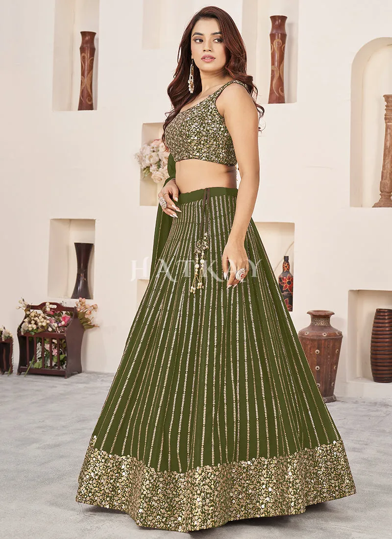 Olive Green Sequence Embroidery Traditional Lehenga Choli