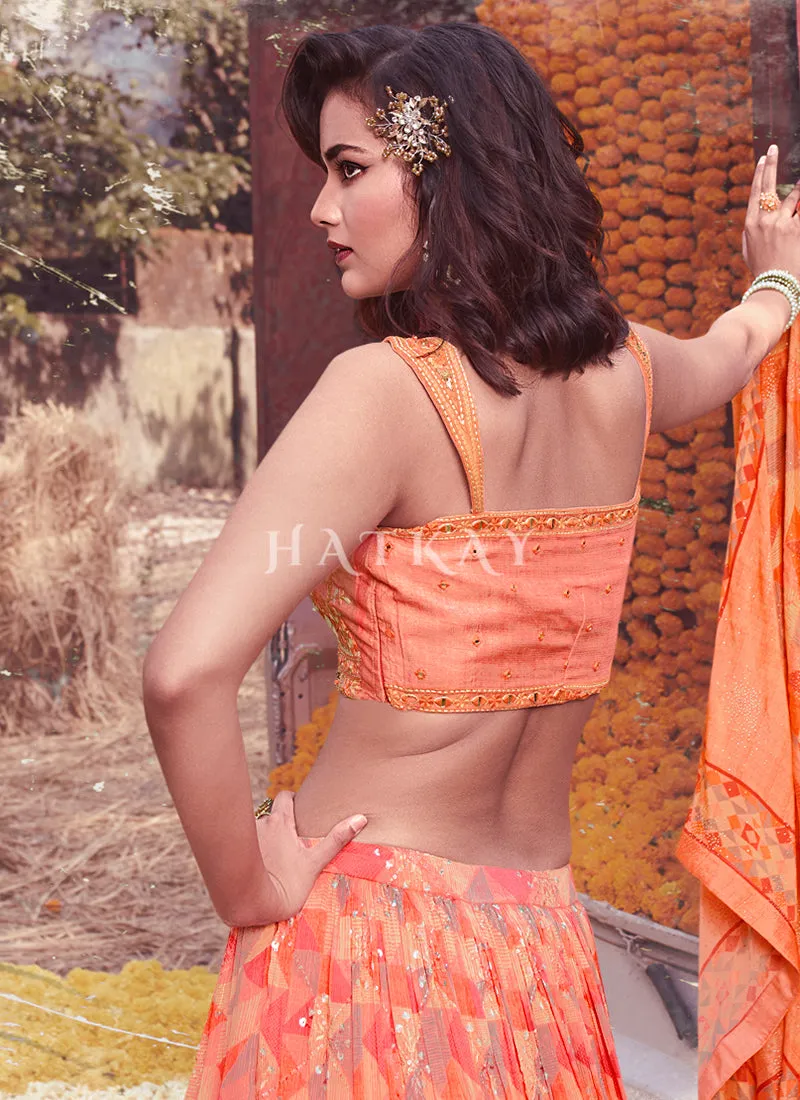 Orange Digital Printed Designer Chinon Lehenga Choli