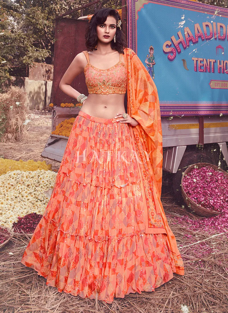 Orange Digital Printed Designer Chinon Lehenga Choli
