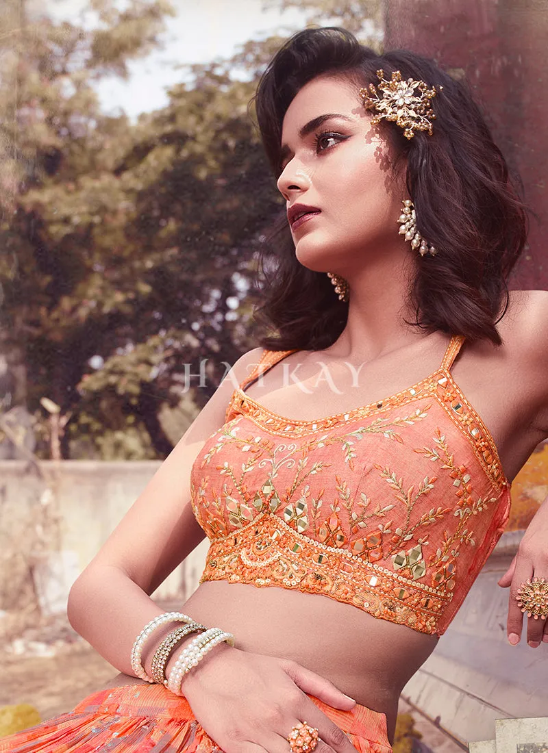 Orange Digital Printed Designer Chinon Lehenga Choli