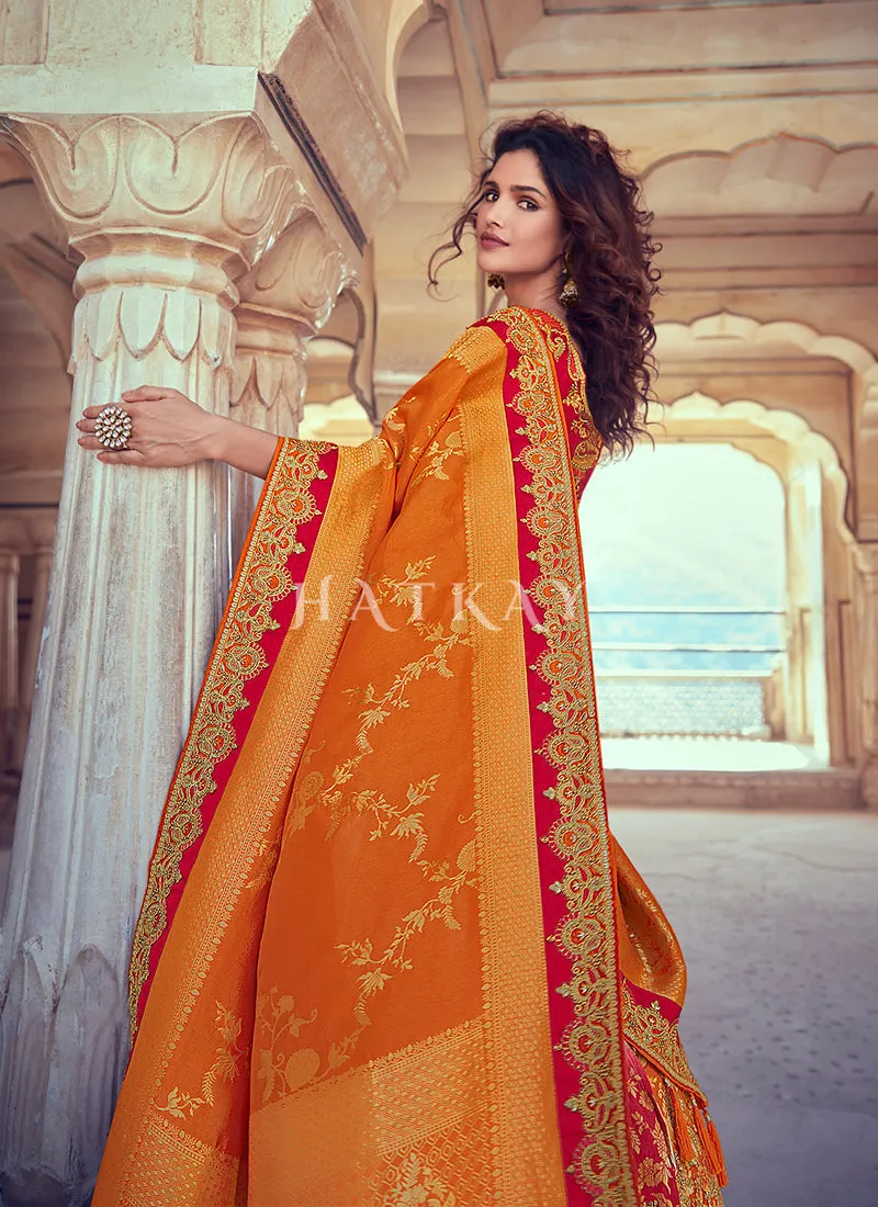 Orange Golden Embroidered Silk Wedding Lehenga Choli
