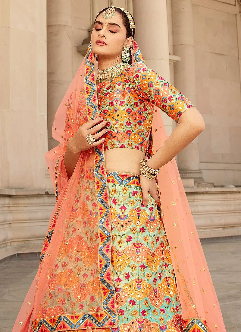 Orange Multicoloured Traditional Embroidered Lehenga Choli