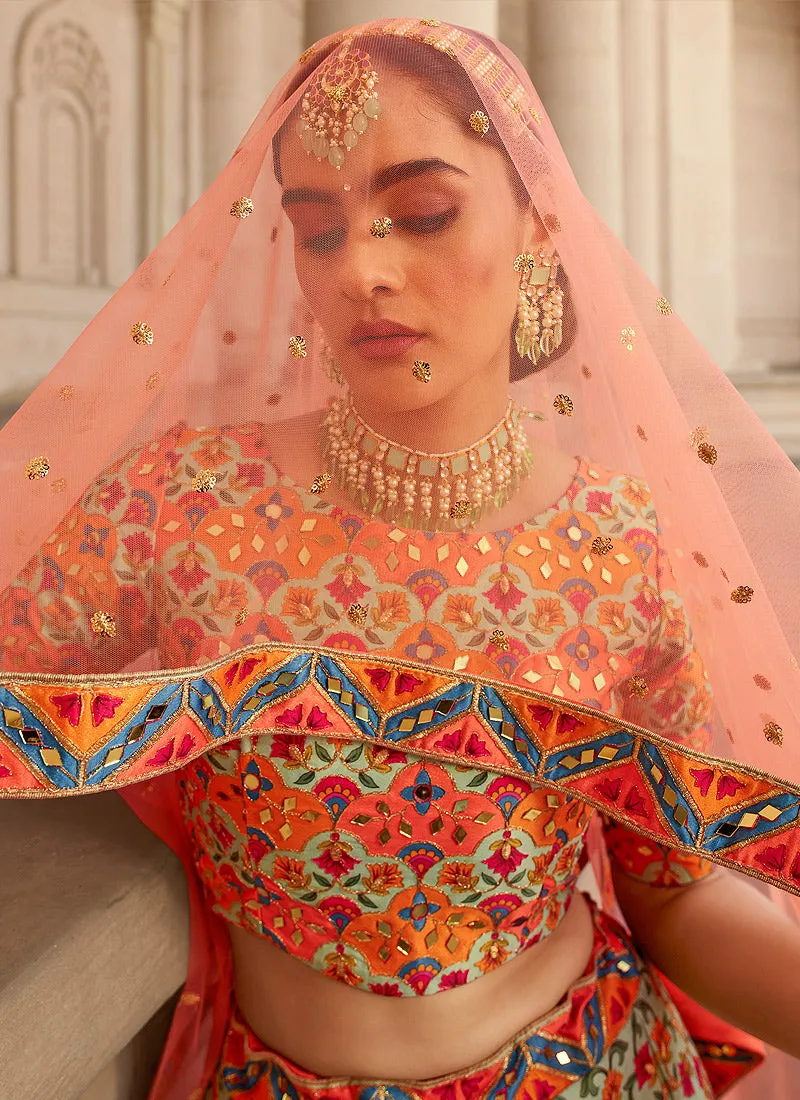 Orange Multicoloured Traditional Embroidered Lehenga Choli