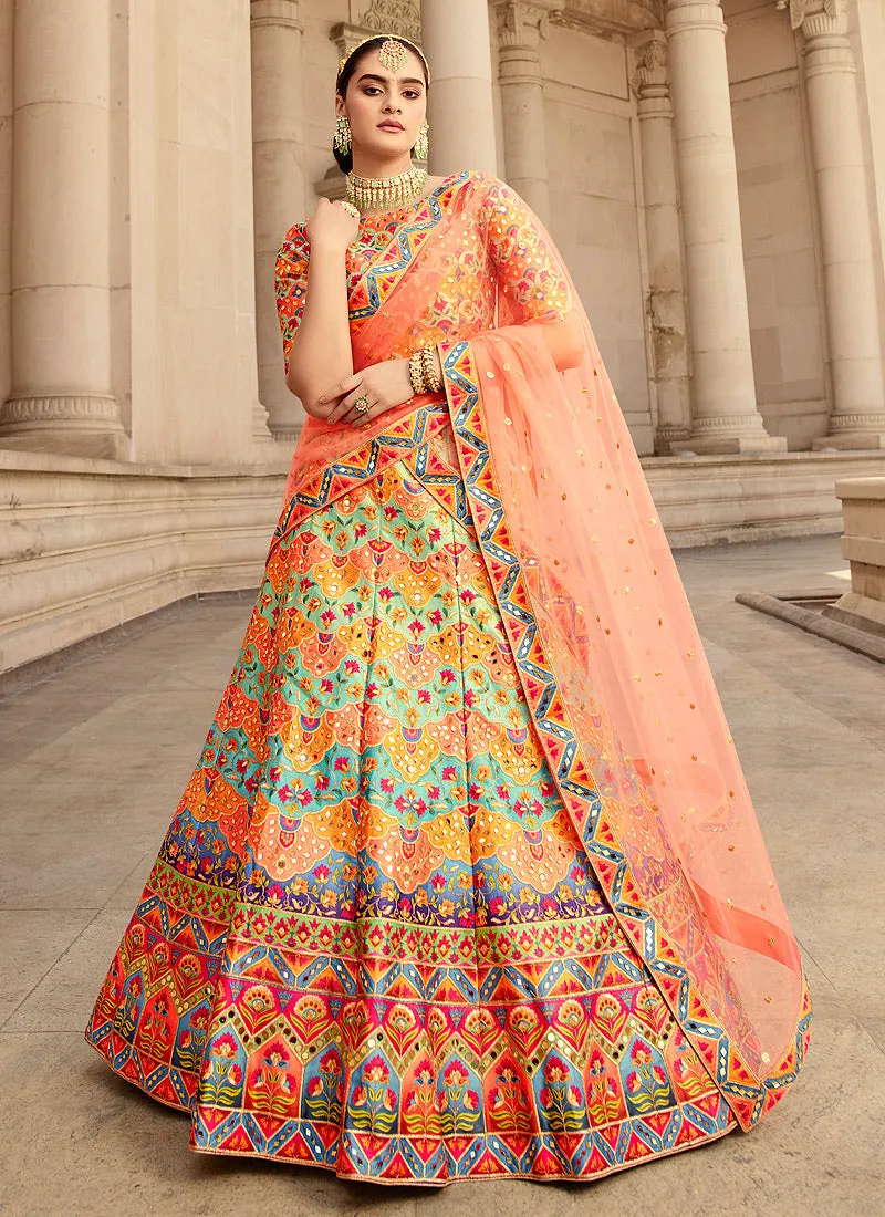 Orange Multicoloured Traditional Embroidered Lehenga Choli