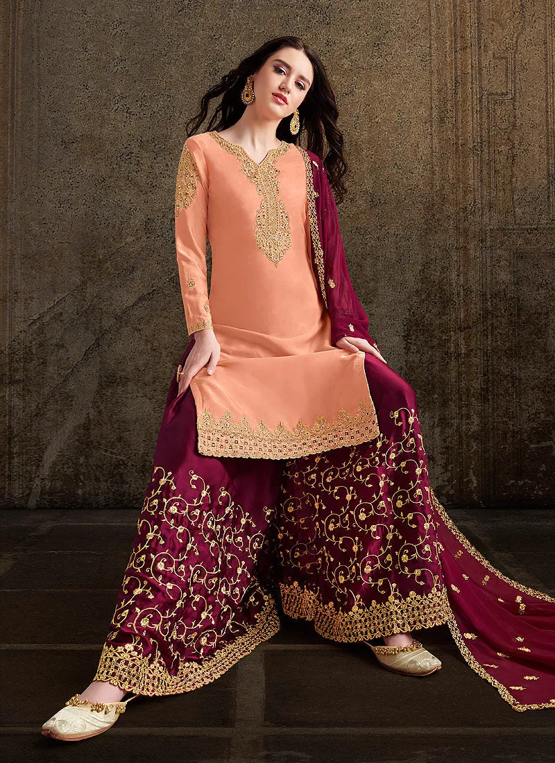 Peach And Maroon Designer Sharara Suit