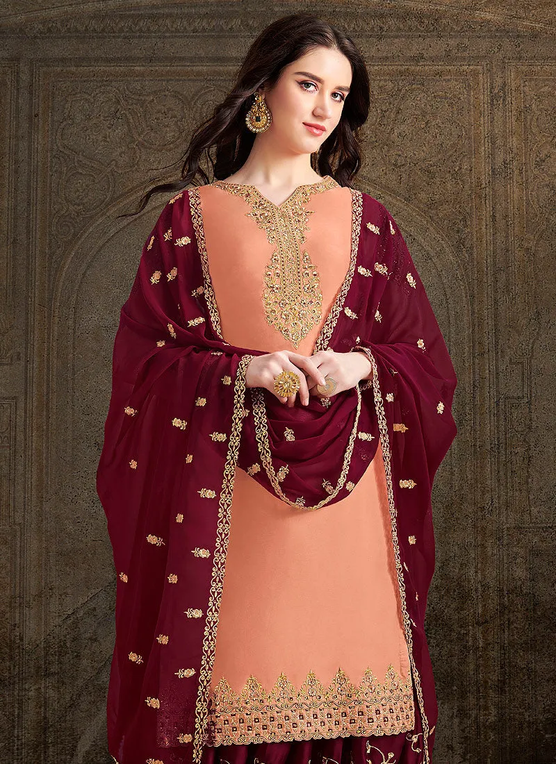 Peach And Maroon Designer Sharara Suit