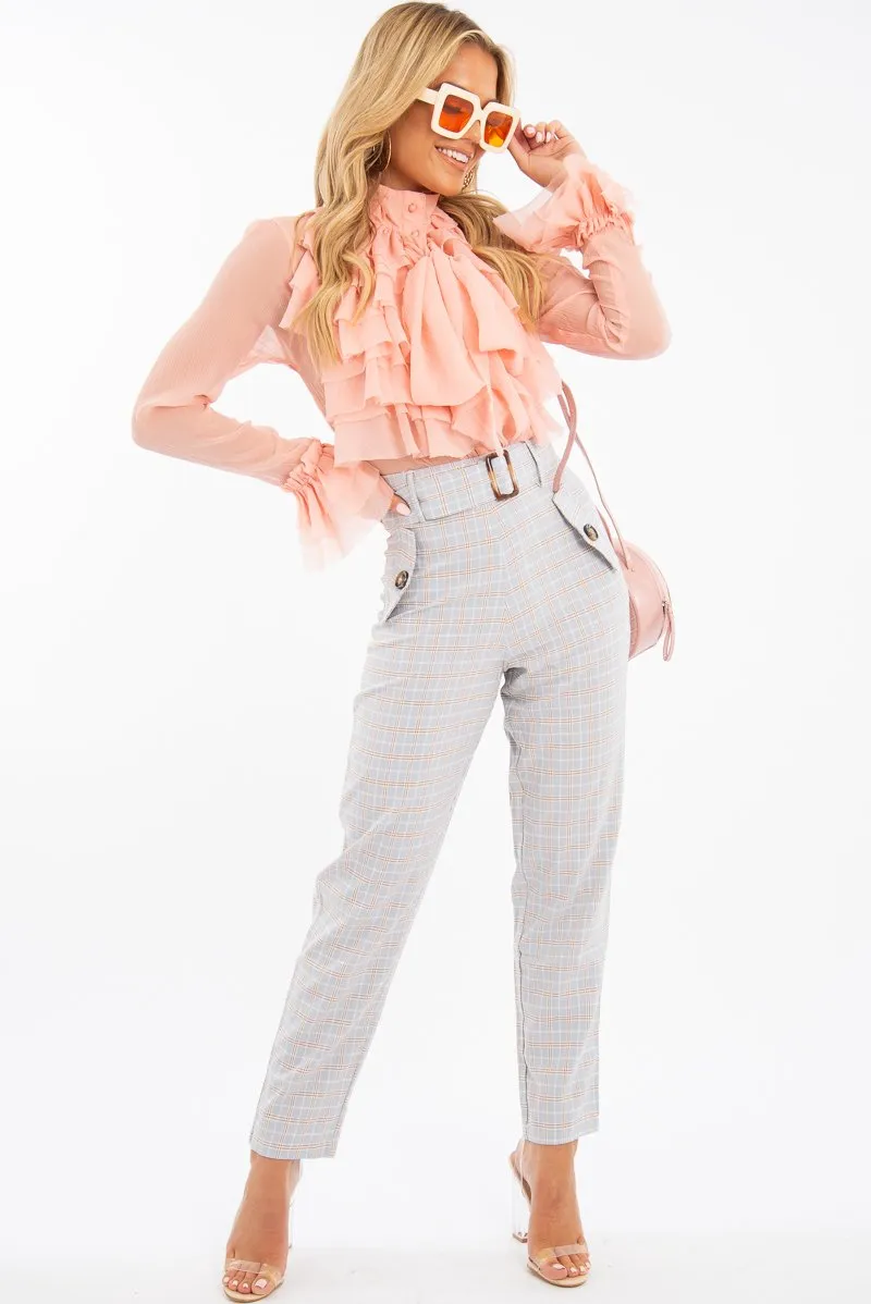 Peach Crepe Ruffle High Neck Shirt - Honey