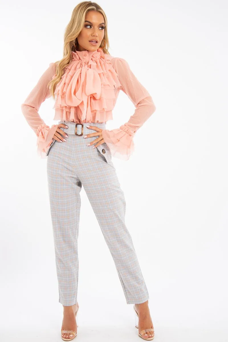 Peach Crepe Ruffle High Neck Shirt - Honey
