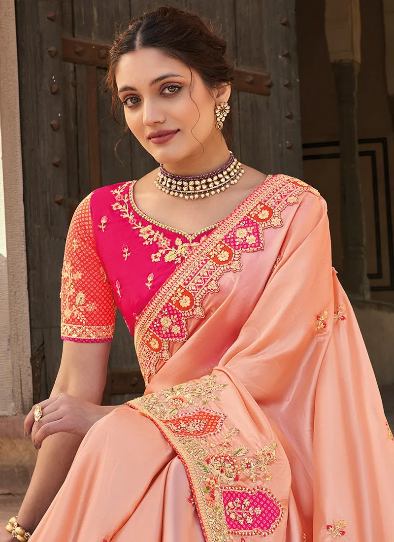 Peach Multi Embroidery Designer Tissue Silk Saree