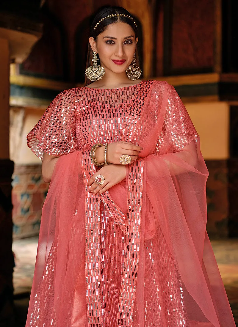 Peach Sequence Embroidered Designer Lehenga Choli