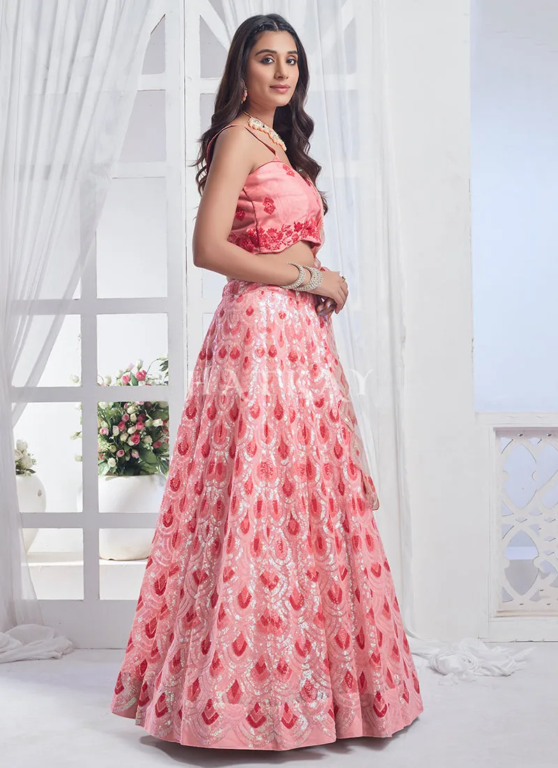 Peach Sequins Embroidery Lehenga Choli