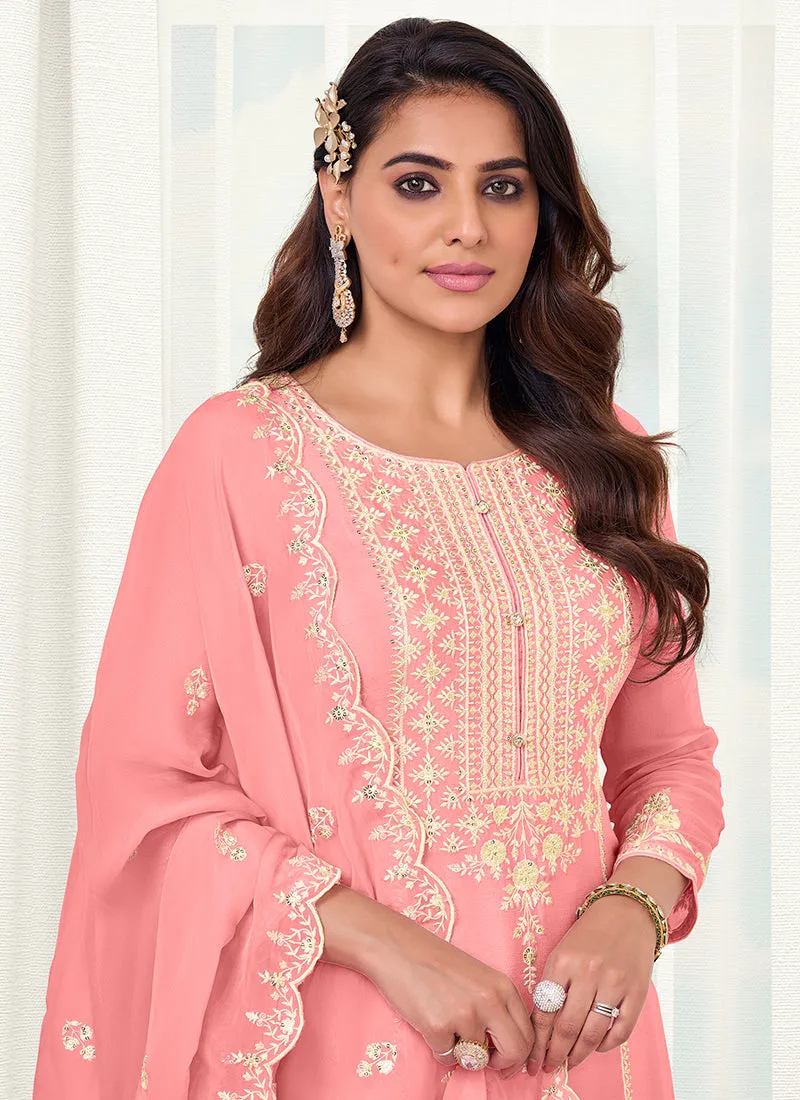 Pink Designer Embroidery Festive Palazzo Suit