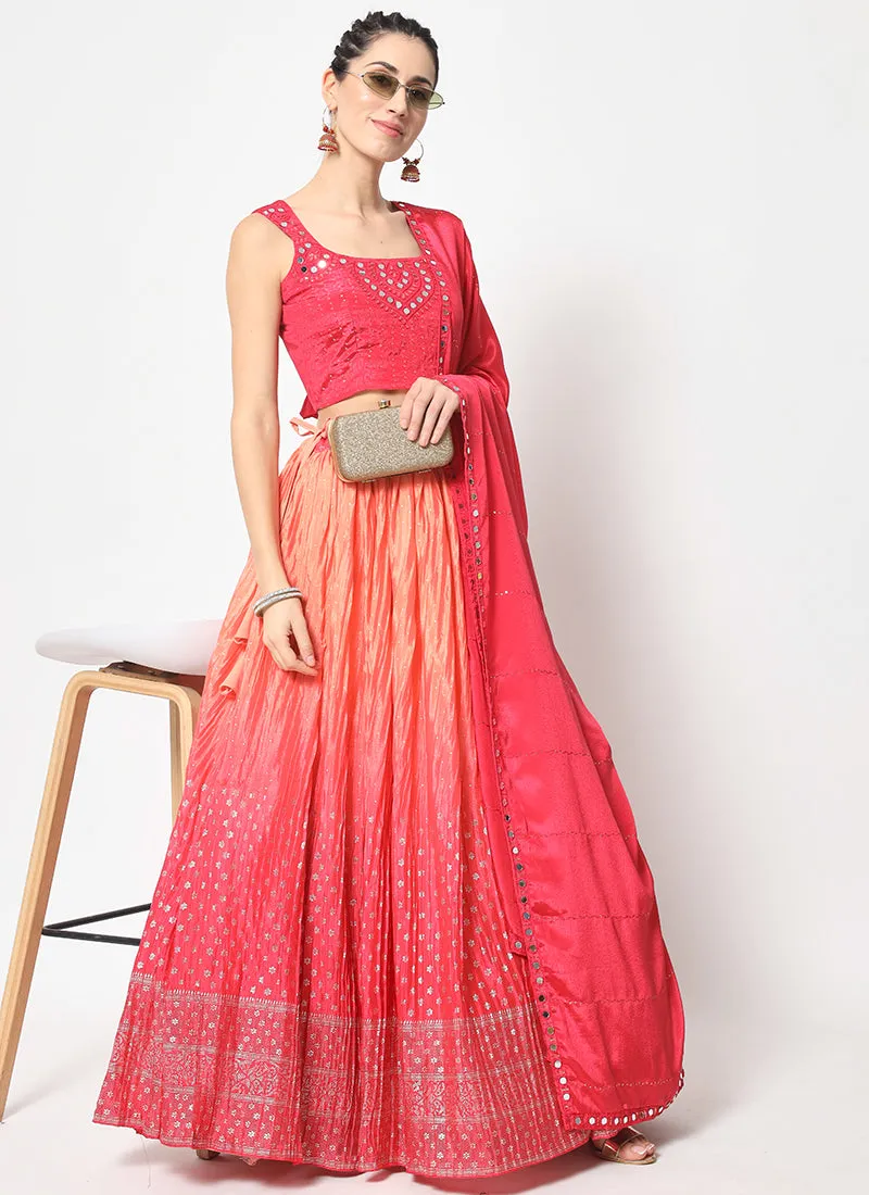 Pink Ombré Sequence Embroidery Silk Lehenga Choli