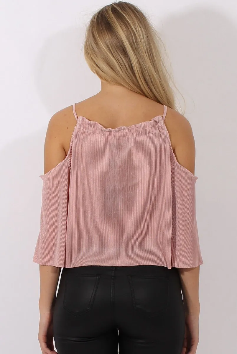 Pink Pleated Drawstring Halter Cold Shoulder Top - Dixie