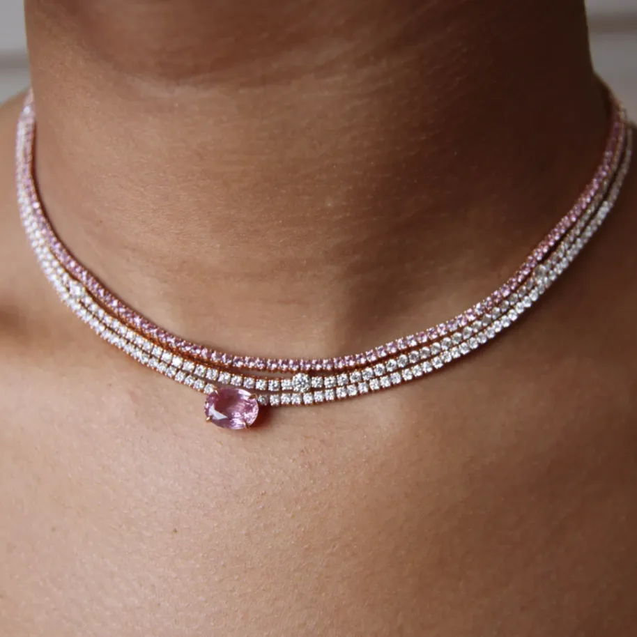 Pink Sapphire Hepburn Choker 16" in Yellow Gold