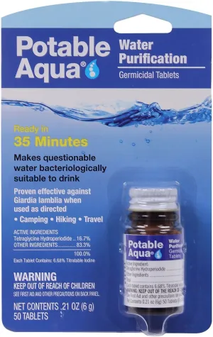 Potable Aqua Water Purification, Water Treatment Tablets - 50 Count Bottle