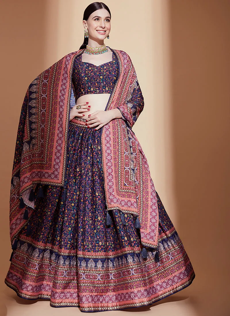 Purple And Red Crochet Embellished Digital Printed Lehenga Choli
