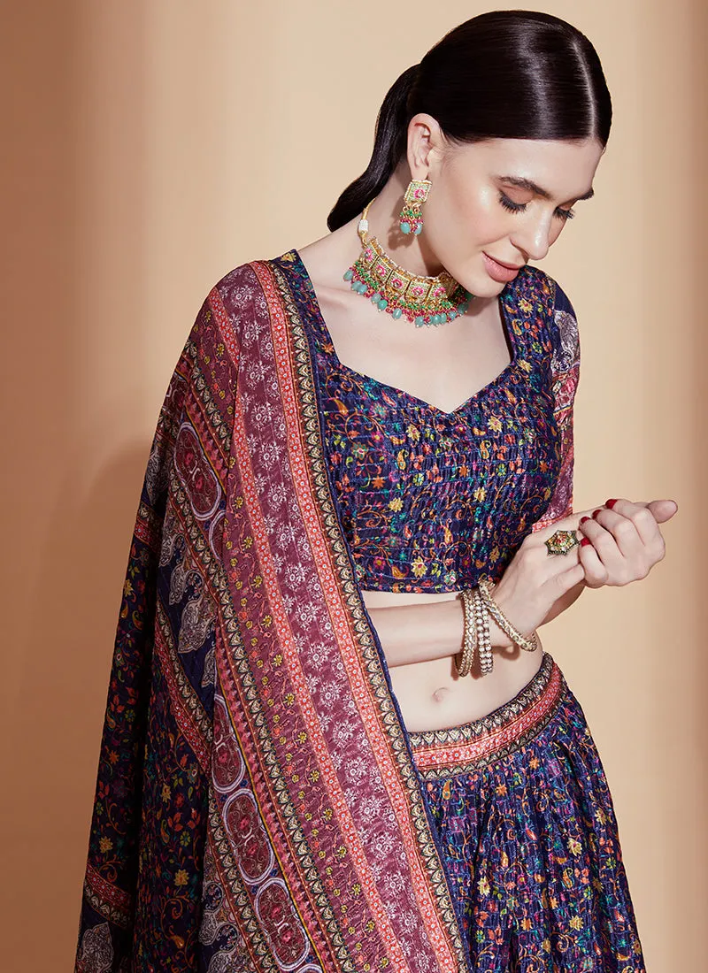 Purple And Red Crochet Embellished Digital Printed Lehenga Choli